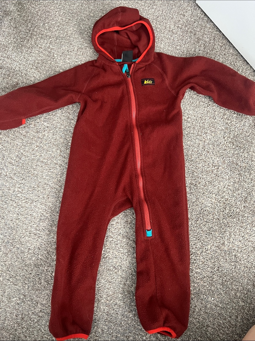 REI Kids Maroon Hooded Fleece One-Piece with Orange Trim